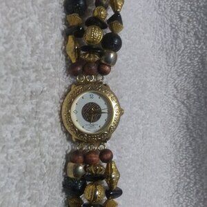 LA Express Quartz Watch Multi-Color Beads Gold Frame New Battery Women Great